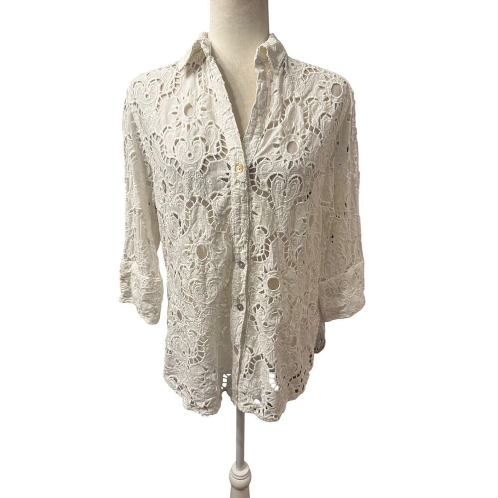 FARM Rio White Crochet Lace Button Front Top Cover Up Shirt Small Boho Resort - Picture 3 of 8